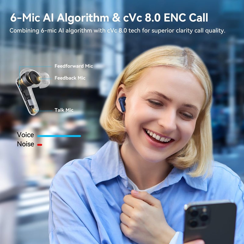 EarFun سماعات أذن لاسلكية Air Pro 4 مع تقنية إلغاء الضوضاء الهجينة التكيفية، صوت Qualcomm Snapdragon، aptX Lossless، 6 ميكروفونات AI CVC 8.0 للمكالمات، صوت عالي الدقة LDAC، 52 ساعة من وقت التشغيل، بلوتوث 5.4 (أزرق ملكي) - Image 5